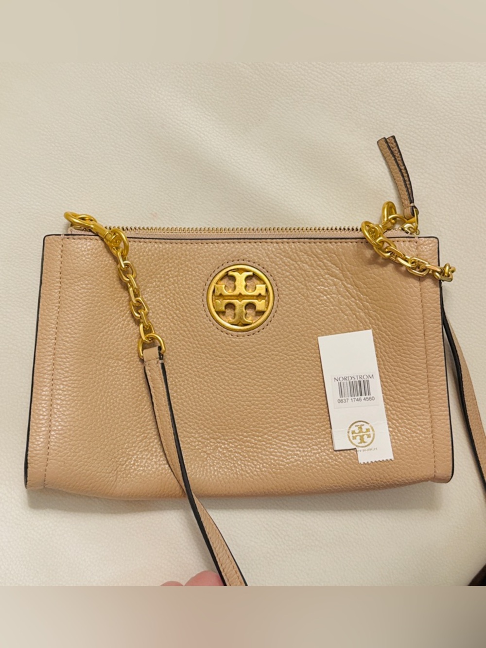 Tory Burch Tan Pebbled Leather Chain Crossbody with Gold Logo